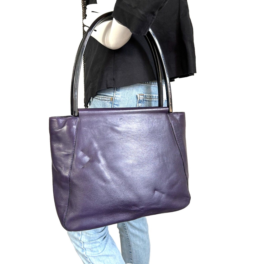 Vintage 1980s Bruno Magli Purple Leather Shoulder Bag Lucite Handle EUC Dust Bag